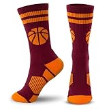 ChalkTalkSPORTS Basketball Woven Mid-Calf Socks | Classic Stripe & Ball | Maroon & Orange