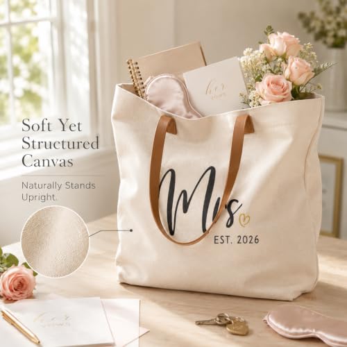 Image of ELEGANTPARK Mrs Gifts for Bride 2026 - Large Canvas Wedding Tote Bag with Zipper, Bridal Shower Gift for Bride to Be, Bachelorette Party Honeymoon Beach Bag