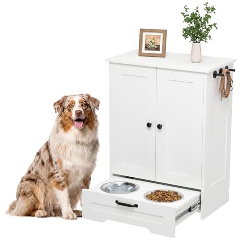 Sylunawyn Dog Feeding Station with Storage Cabinet White Wood Dog Cabinet with 2 Elevated Stainless Steel Bowls Hidden Pull-Out Feeder Drawer Pet Feeding Station for Kitchen and Living Room