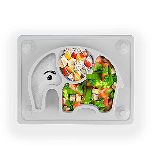 Assiette Bebe Silicone, Antiadhésif Set De Table Enfant Avec Ventouses, 100% Sans BPA Assiette Compartiment Bebe Pour pour Bébés, Enfants En Bas Age Et eEnfants -Gris Cover