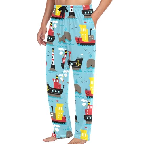 Pigsaly Men's Pajama Bottoms Cartoon Cargo Ships Whale Mens Pajama Pants Cruise Lighthouse Cotton Pj Bottoms XL4