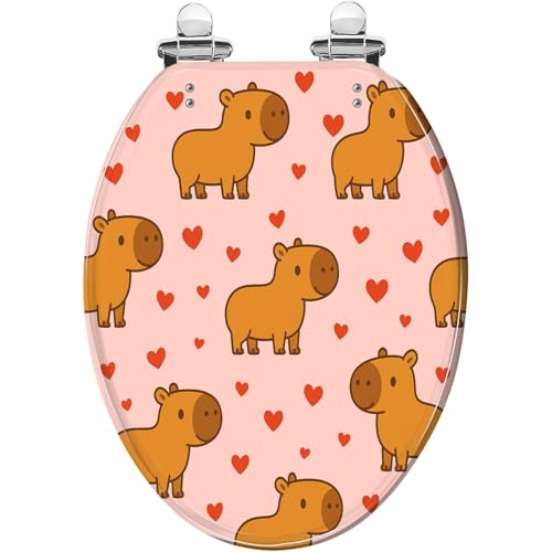 Elongated Toilet Seat Seamless pattern Cute animal capybara pink hearts for festive textile Resin Toilet Seat Quietly Close Quick Release Hinges with Cover Bumpers Decorative Easy to Install Clean