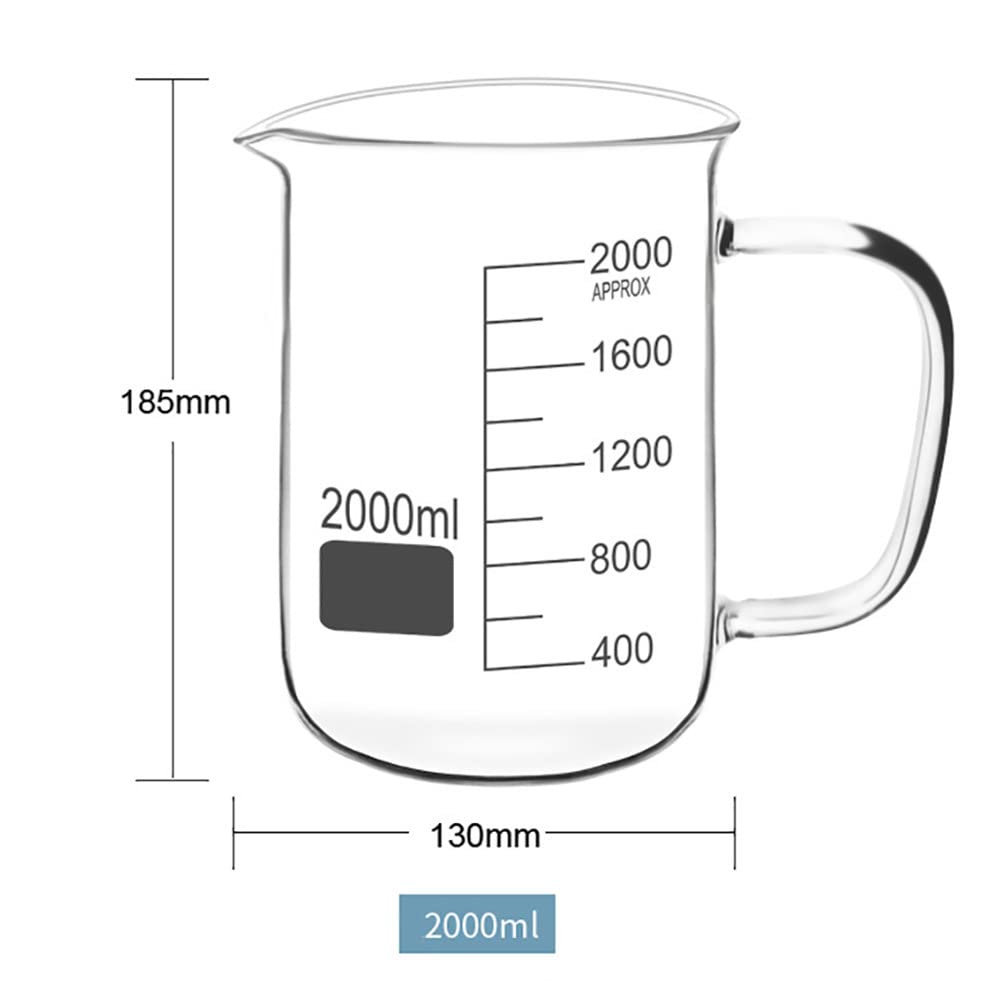 Vasos de precipitados de vidrio de forma baja, (1000ml/33.81oz 2000ml/67.63oz) Vaso de precipitados de laboratorio de borosilicato con asa, Vaso de medición de vidrio con pico vertedor, para laborat