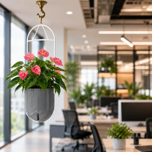 Image of Indian Discovery Self Watering Ceiling Hanging Planter|Hanging /Hooked Flower Pots for Home, Balcony, Vertical Garden Decor Flower Pots(2 PC,Grey,Sphere)|6 Inch UV-Resistant Plastic Plant Pots