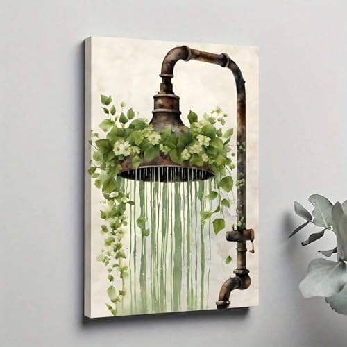 Toile murale lierre vert et fleurs blanches style industriel rustique 60x80cm