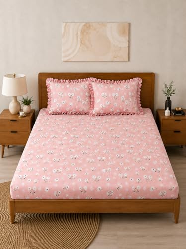Image of King Size Fitted Bedsheet with 2 Frill Pillow Covers (FrillPinkF, Queen Size-60x78)