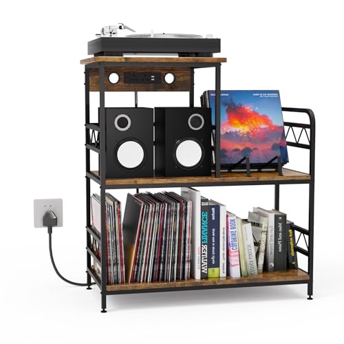 Vinyl Record Player Stand with Charging Station Turntable Storage Cabinet Holds Up to 300 Albums Record Player Table with Display Shelf 2 AC Outlets & 2 USB Ports Rustic Brown 77×35×85cm