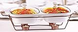 Circleware Ceramic Chafer Double Buffet Server/warmer/baker Serving Tray with Glass Lid and Copper Plated Serving Stand, 2 Quart,16