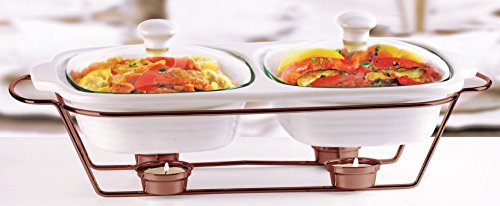 Circleware Ceramic Chafer Double Buffet Server/warmer/baker Serving Tray with Glass Lid and Copper Plated Serving Stand, 2 Quart,16