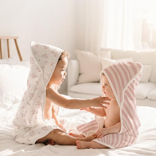Image of Konssy 2-Pack Muslin Hooded Baby Towels, 100% Cotton, Ultra-Soft & Absorbent Baby Bath Towels with Hood for Newborn & Infant (Taupe,Soft Blooms,32 inch x 32 inch)