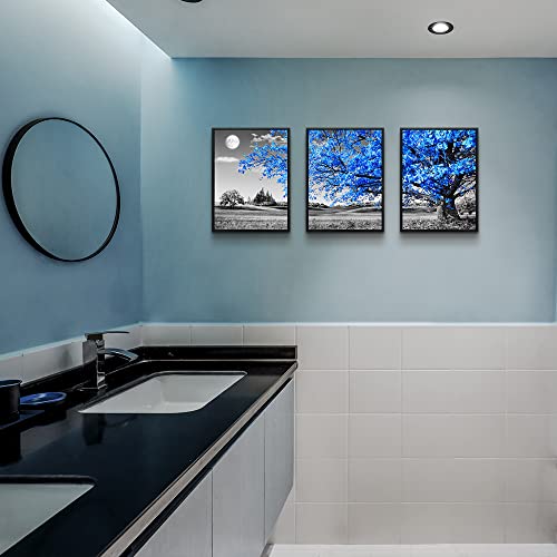 Image of Black Framed Wall Art for Living Room & Bedroom - Blue Tree Wall Paintings, Modern Home Decor - 12 inchX16 inch Set of 3 Piece Framed Art Prints