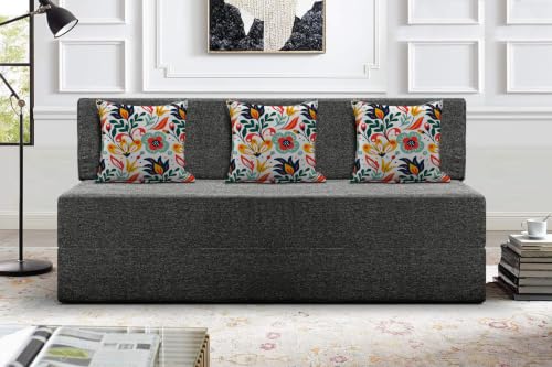 Image of Los Angeles Foldable Three Seater Sofa Cum Bed, Sofa Bed 5 X 6 Feet Jute Fabric Washable Cover- Including Cushion Perfect for Living Room - Black