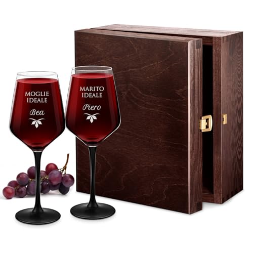 Maverton 2 Calici da vino Rubino - incisione personalizzata - 300 ml - con gambo nero - pensiero speciale per nozze - adatti per vino secco e dolce - unici per coppia - coniugi ideali