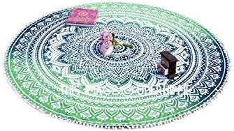 Indian Round Mandala, Indian Circle of Mandala Tapestry, White pom pom lays Beach Throw Round, 100% cotton Yoga Mat Table Cover,Hippie Boho Gypsy Beach Towel wall hanging