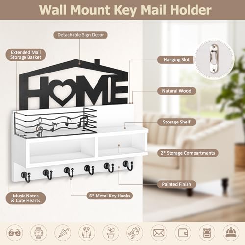 VISV-Key-Holder-Wall-Mount-Wooden-Key-Mail-Holder-Decorative-Key-Rack-with-Shelf-Key-Mail-Organizer-with-Iron-Storage-Basket-6-Key-Hooks-2-Compartments-for-Entryway-Doorway-Hallway-White