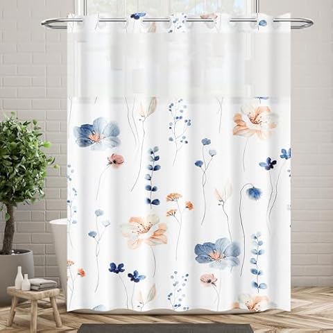 No Hook Floral Shower Curtain with Snap in Liner, Double Layer Watercolor Blue Flower Polyester Shower Curtain with Window, Modern Washable Shower Curtains for Bathroom Hotel Style 71" L x 72" Cover