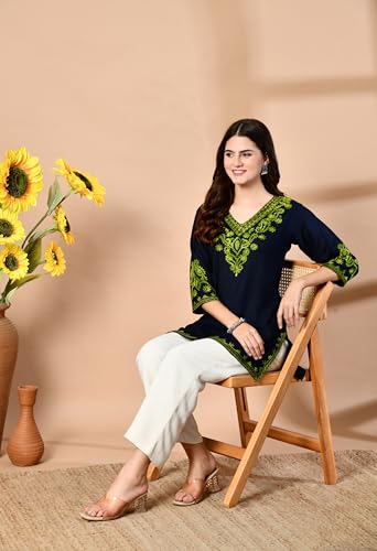 Image of LIBOZA Embroidered Kashmiri Tunic Top, Short Kurti for Women on Jeans, V-Neck, 3 /4 Sleeve, Floral Design,