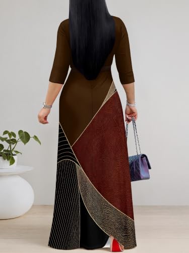 Image of Women's V Neck Floral Maxi Dress 3 /4 Sleeve Plus Size Boho Wrap Flowy Long Dresses with Belt