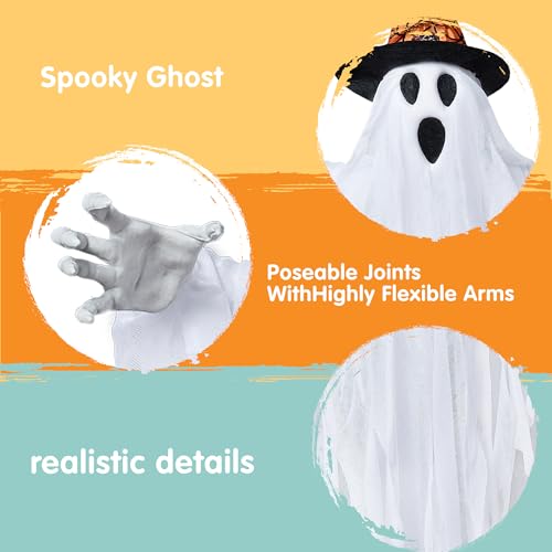 JOYIN 3 Pack 24.8" Halloween Hanging Ghost Decorations, Halloween White Flying Ghost with Hats for Haunted House Graveyard Scene, Spooky Indoor and Outdoor Decor2