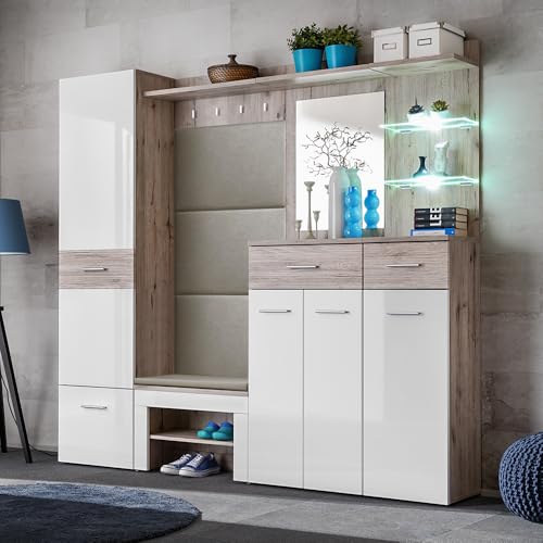 Lomadox Garderobenset 6-teilig inkl. Schuhbank mit Polster in braun und weiß | Flurgarderobe in Eiche und weiß Hochglanz, Modern Lomadox Garderobenset 6-teilig inkl. Schuhbank mit Polster in braun und weiß | Flurgarderobe in Eiche und weiß Hochglanz, Modern