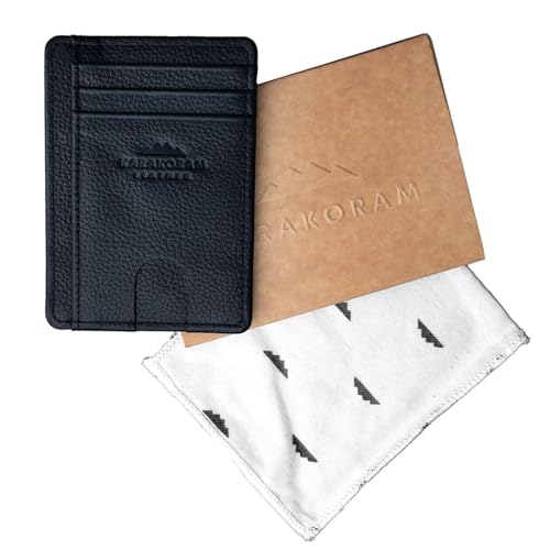 Image of KARAKORAM LEATHER Handcrafted Front Pocket Credit Card Holder with RIFD Blocking | Premium Cowhide | Artisan Made Slim Leather Wallet | Quick Access Thumb Push Slots for Cards and ID (Midnight Black)