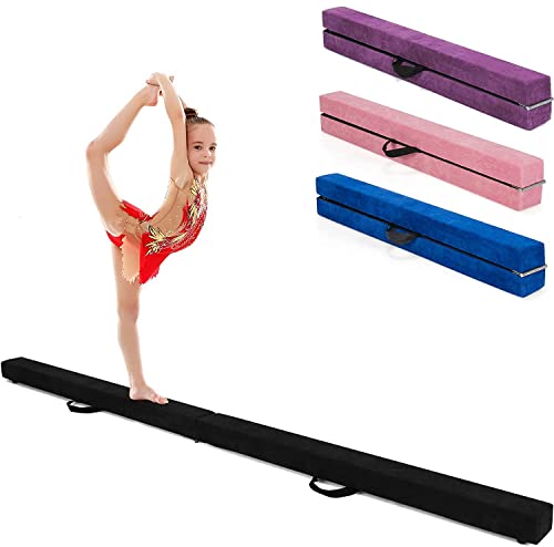 GYMAX Schwebebalken, klappbarer Gymnastikbalken mit rutschfestem Boden, Kiefernholzrahme & Tragegriff, Bodenbalken fur Training & Turneh (Schwarz, 210 cm)