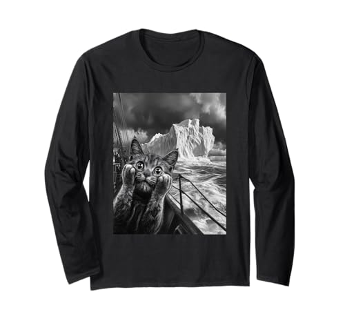 Funny Titanic Iceberg Scared Sorprendido Gato Selfie Manga Larga
