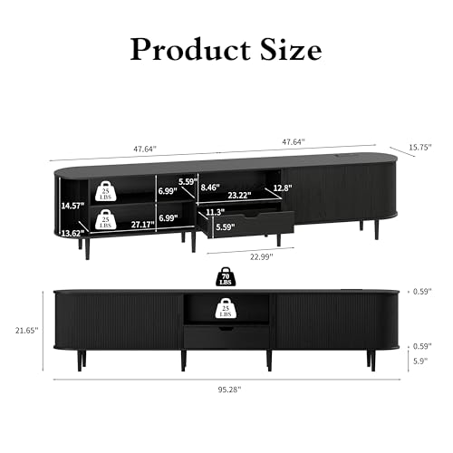 Image of DHH 95.2 inch Fluted TV Stand with Power Outlet for TVs up to 100 inch, TV Console with Adjustable Shelves and Sliding Door,Mid Century Modern Entertainment Center for Living Room,Bedroom (Black)
