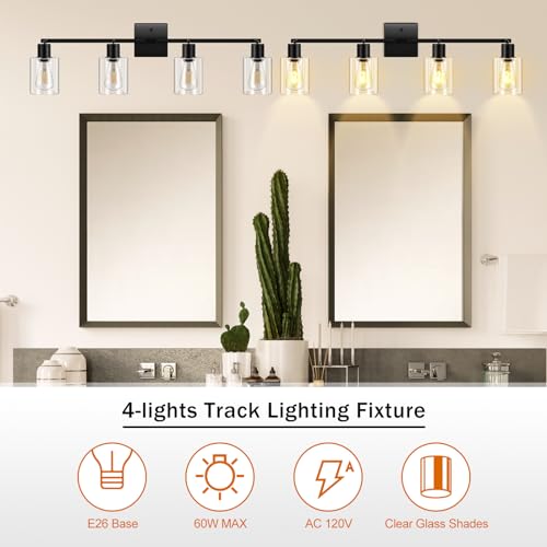 4-Light Track Lighting Fixtures with Seeded Glass Shade, Modern Kitchen Lighting Fixtures Ceiling, Rotatable Track Head, Wall Mount Track Light for Bedside Vanity Hallway Bedroom, Matte Black