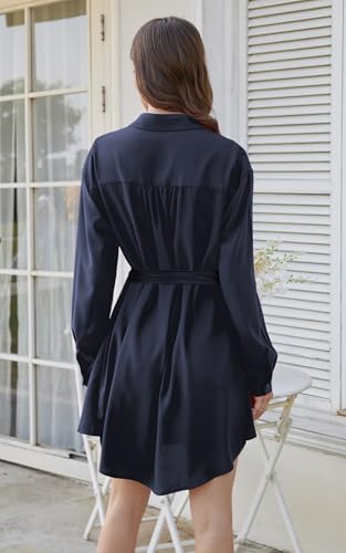 ECOWISH Womens Button Shirt Dress with Pockets Fall Summer Short Mini Dresses Long Sleeve 3/4 Sleeve Long Tunics Blouse Belt2
