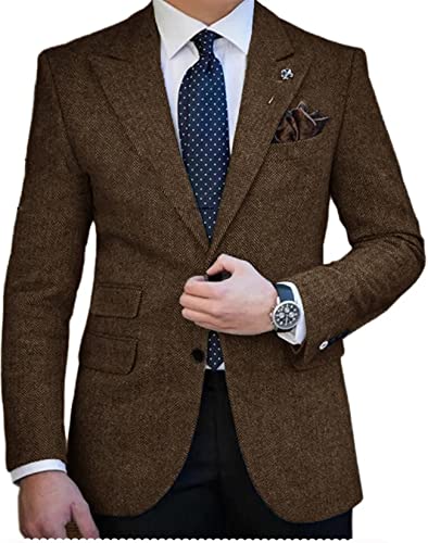 Mens Herringbone Tweed Blazer Peaked Lapel Suit Jacket 2 Button Tuxedo Wedding Prom Dinner