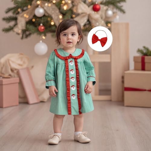 Yuemengxuan Toddler Baby Girl Christmas Outfit Santa Embroidery Peter Pen Collar Long Sleeve Dress Ruffle Smocked Dress2