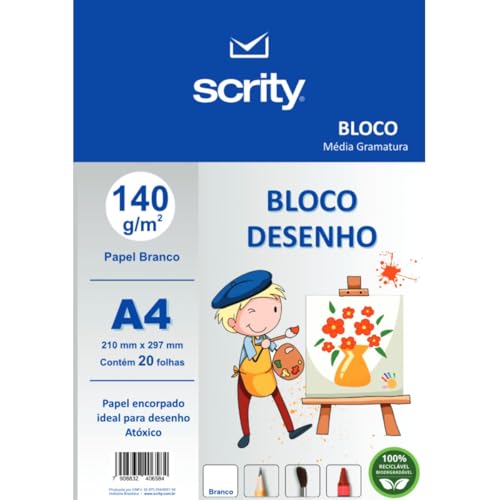 Bloco para Educação Artística, Scrity, Desenho, A4, Branco, 140 Gramas, 20 Folhas