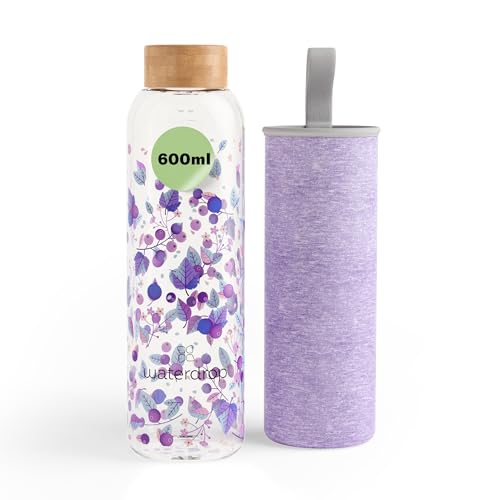 waterdrop® Bouteille en Verre 600ml – Gourde Réutilisable en Verre Borosilicate avec Bouchon Bambou et Housse, Sans BPA, Étanche, Idéale pour Maison, Bureau, Sport, Voyage