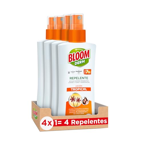Bloom Derm Loción Tropical (4 x 100 ml), loción antimosquitos contra mosquitos (incluido el mosquito tigre) y garrapatas, repelente de mosquitos transmisores de enfermedades tropicales
