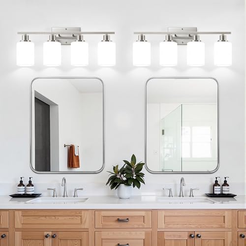 Image of Indoi 4-Light Bathroom Light Fixtures, Brushed Nickel Modern Vanity Lights with Milky White Shades, Bathroom Wall Lamp for Mirror Living Room Cabinet Bedroom Porch