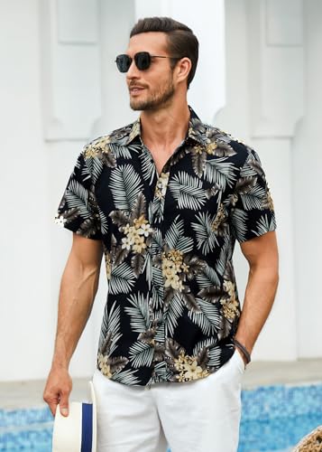 HISDERN Mens Button Down Hawaiian Shirts Black Summer Casual Tropical Floral Aloha Shirt Short Sleeve Vacation Palm Leaf Hawaii Beach Dress Shirt - Image 3