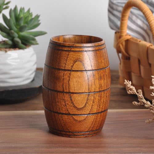 UCCKEYI 2PCS Wooden Barrel Shaped Beer Mug Classical Natural Solid Wood Drinking Cup Handmade Tea Cups, For Coffee, Hot Drinks, Milk, Wine, 110ml