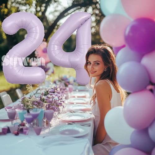 Image of SUWEN 40 Inch Light Purple Lavender Big 24 Balloon Number Foil Helium 0-9 | 24th Large Giant Huge Mylar Jumbo Happy Birthday Party 42 Anniversary Decorations