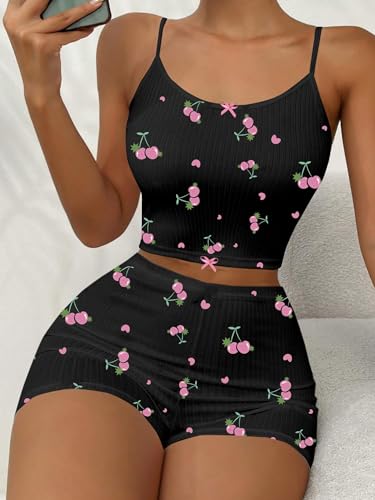 Image of Hilinker Women's 2 Piece Fruit Pajama Set Ribbed Cami Top and Shorts Sleepwear Cute Pjs Black Pink Cherry X-Large