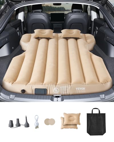 VEVOR Car Air Mattress, Fits Tesla Model Y (2020-2024), Inflatable Car Camping Mattress, Flocking Thickened Blow Up Travel Beds, Durable Portable Sleeping Pad with Built in Pump, 2 Pillows, Beige