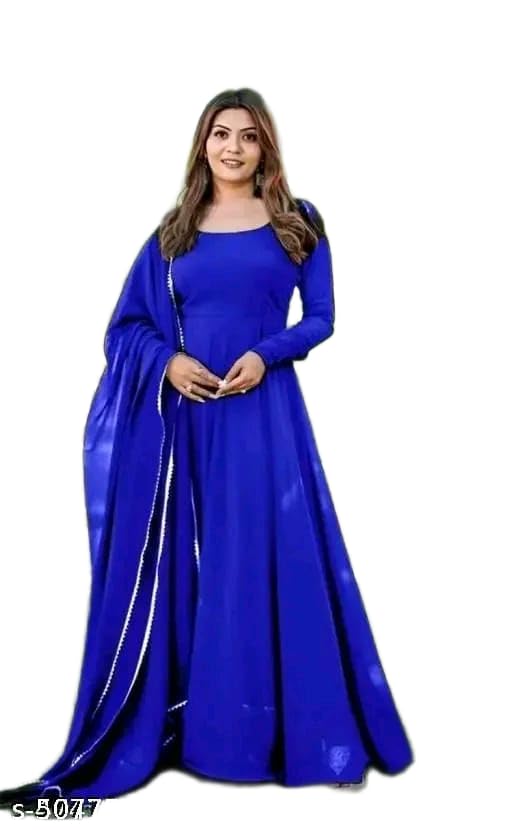 vespocm Womens Georgette Full Sleeves Round Neck Gown Featuring Solid Design with Pants and Border Design Dupatta 3 Piece Ethnic Wear (Blue)-picture-27