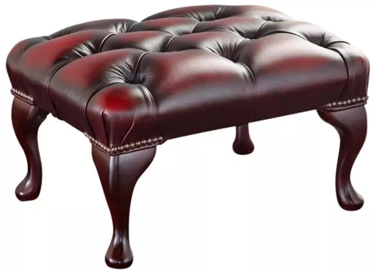 Chesterfield Buttoned Footstool β 100% Genuine Antique Oxblood Red Leather | Handmade Ottoman with Mahogany Legs | Luxury Tufted Design, Solid Wood Frame & Premium Foam β UK Craftsmanship