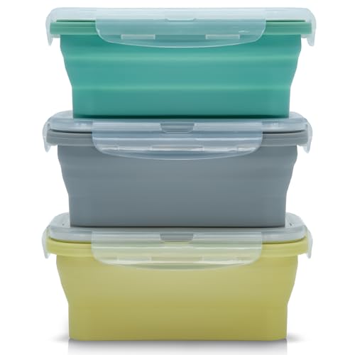 Faltbare Frischhaltedosen, 3 Stück Frischhalteboxen Silikon Zusammenklappbaren Container Brotdosen Food Storage Containers Freezer to Oven Safe for Camping, Hiking, Travel (552ML)