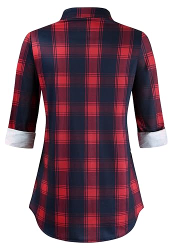 KOMANA Women's Roll Up Stretchy Knit Plaid Shirts Button Down Long Sleeve Blouses for Women Tops3