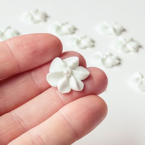Mini Edible Royal Icing Flowers (36 Count), Petite Edible Flower Cake Decorations, Edible Flowers for Cupcakes, Flowers with Pearl Sprinkles for Cakes & Cupcakes, by Global Sugar Art (White, 36 Count)