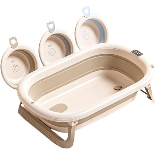 LNDLWXK ベビーバス 折り畳み式 バス 赤ちゃん キッズ お風呂 沐浴 シンク 子供用品 0-8歳に適用 湯温計付き 軽量 省スペース 収納容易 沐浴 シンク+バスタブスタンド 新生児 乳幼児 (バスタブ+折りたたみ洗面器3台,コーヒー色+デジタル温