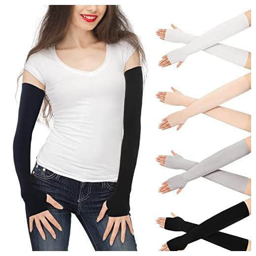 Meanplan 4 Pairs Women Sun Arm Sleeves Long Fingerless Gloves Warmers with Thumb Hole(Black, Gray, Nude, White)