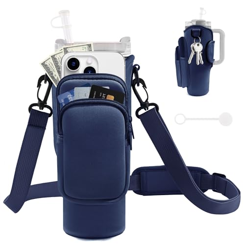 Image of Water Bottle Carrier Bag with Phone Pocket for Stanley Cup 40 /30 oz, Water Bottle Holder with Adjustable Strap& Straw Cover, Stanley Cup Accessories (Prussian Blue)
