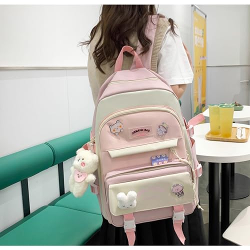 Feigujin 5Pcs Kawaii Cute Backpacks Combo Set with Bear Pendant Pins Patchwork Japanese Aesthetic Anime Bunny Daypack Bag Kit (Pink)